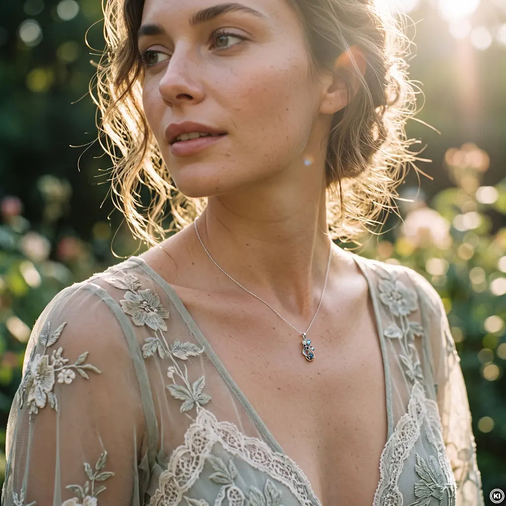 Junge Frau in einem bestickten, hellgrünen Spitzenkleid trägt die filigrane Halskette OCEAN NYMPH im sonnigen Garten zur Veranschaulichung der eleganten Wirkung auf dem Dekolleté.