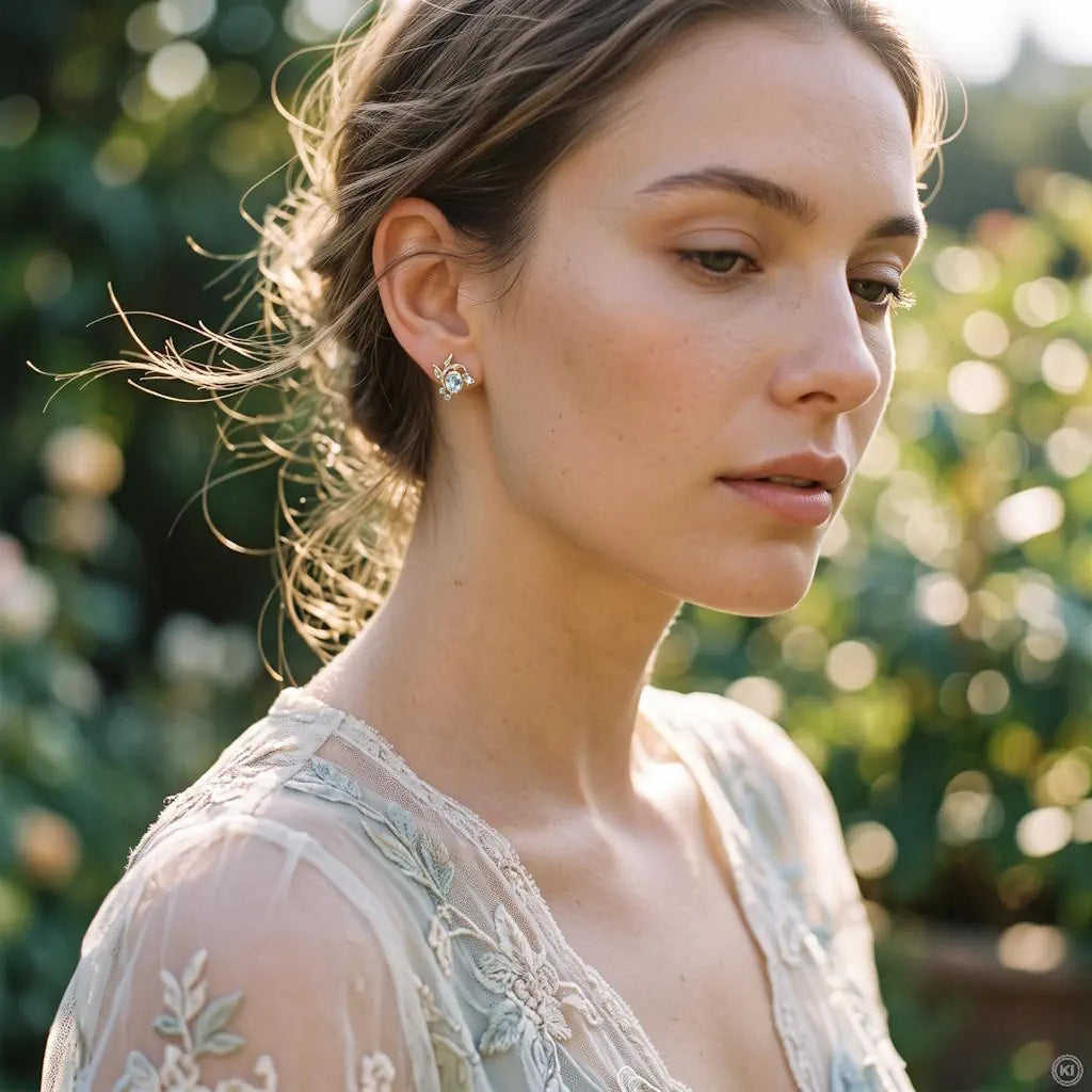 René Rose Jewelry AZURE ÉCLAT Luxus-Ohrstecker mit blauem Topas und Saphiren, 925 Sterling Silber mit Rhodium- und 22 Karat Gelbgoldbeschichtung, am Model getragen