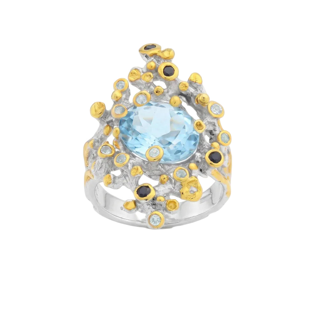 ASTRAL REEF – Breiter Bicolor Statement Ring mit blauem Topas und Saphir aus 925 Sterling Silber von René Rose Jewelry