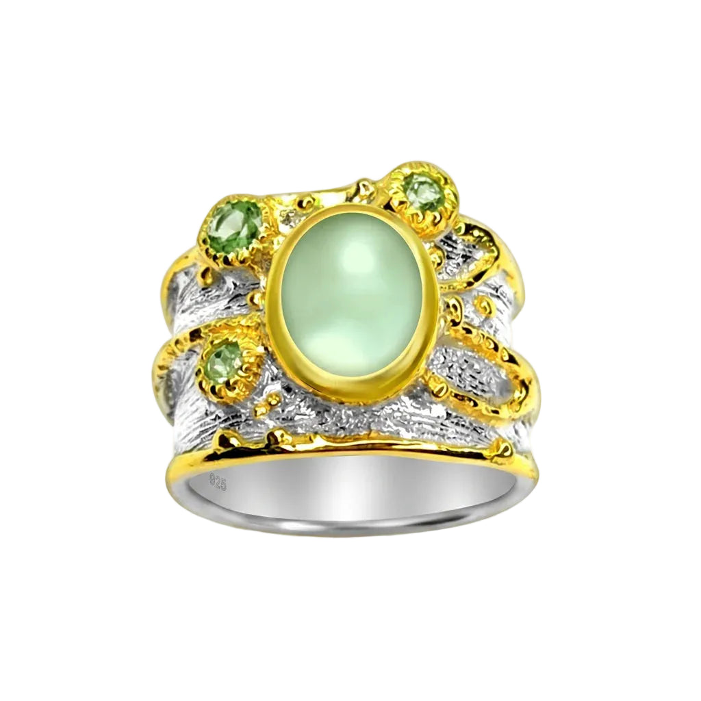 LIVIA PREHNITE – Breiter Bicolor Statement Ring mit grünem Prehnit und Peridot aus 925 Sterling Silber von René Rose Jewelry