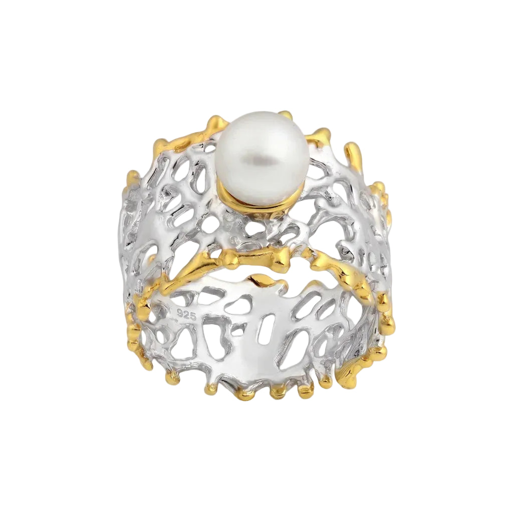 OANA REEF – Breiter Bicolor Statement Ring mit echter Perle aus 925 Sterling Silber von René Rose Jewelry