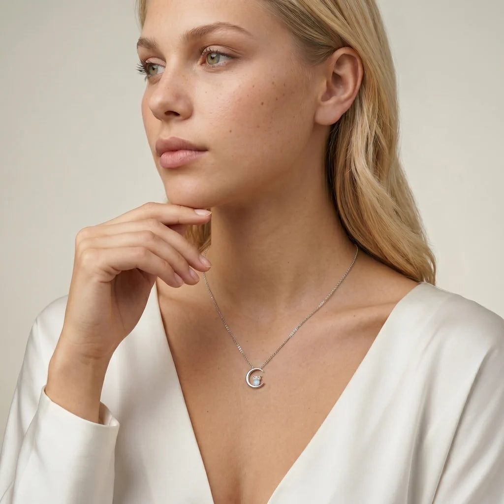 LUNA MYSTIQUE – Elegantes silbernes Collier mit Halbmond Motiv und Edelstein getragen am Dekolleté von René Rose Jewelry