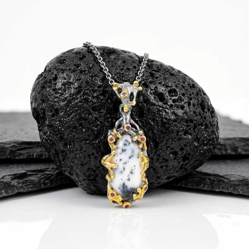 MERLINITH ARBOR – Exklusives Edelstein Collier mit dendritischem Opal aus 925 Sterling Silber präsentiert auf schwarzem Lavastein von René Rose Jewelry
