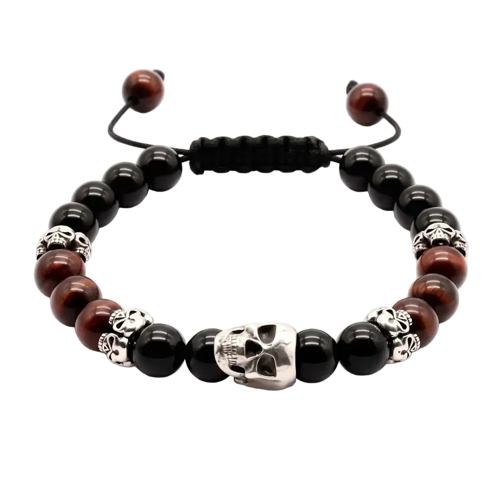 Designer-Armband aus 925 Sterling Silber mit schwarzem Onyx, rotem Tigerauge, Skull und verstellbarem Makramee-Band.