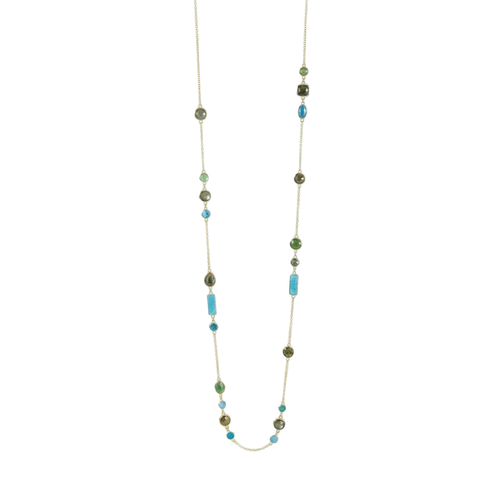 LAGERTHA RIVIERA – Extralange goldene Edelstein Kette mit Aquachalcedon und Jade aus 18k vergoldetem 925 Sterling Silber von René Rose Jewelry