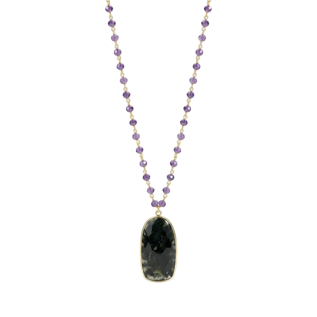 OANA FOREST – Extralange goldene Edelstein Kette mit lila Amethyst und Moosachat aus 18k vergoldetem 925 Sterling Silber von René Rose Jewelry