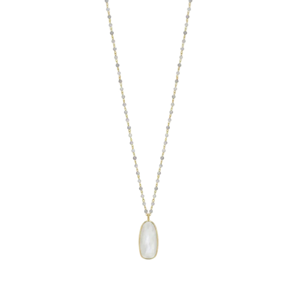 OANA MYSTIQUE – Extralange goldene Edelstein Kette mit Labradorit und Mondstein aus 18k vergoldetem 925 Sterling Silber von René Rose Jewelry