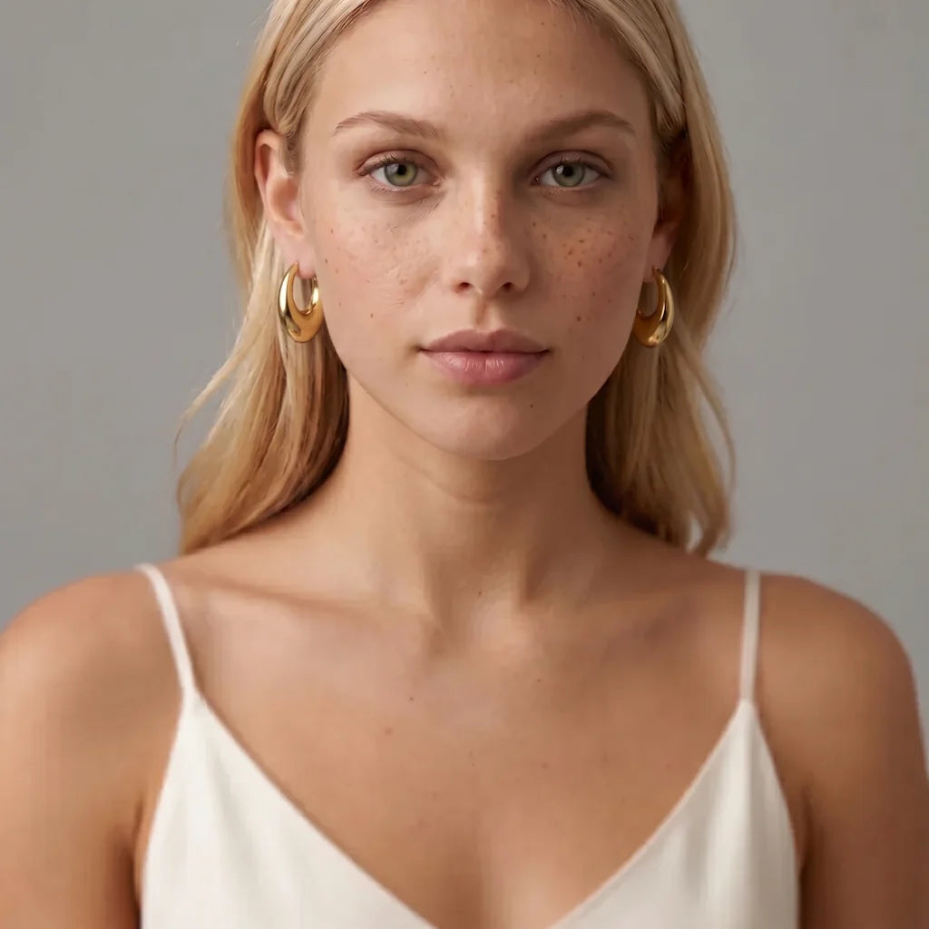 EMMA DROP – Breite Chunky Ohrringe mit 18k Vergoldung im Tropfen Design getragen am Ohr von René Rose Jewelry