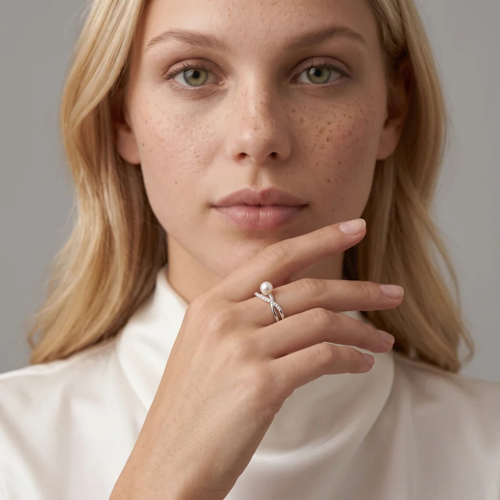 DANY PERLA – Silberner Statement Ring mit Perle und funkelnden Kristallen getragen an der Hand von René Rose Jewelry