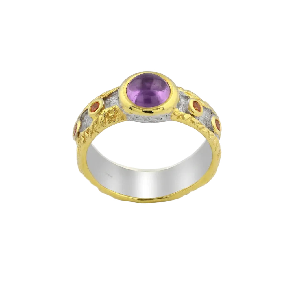 OANA VOLCANO – Breiter Bicolor Statement Ring mit lila Amethyst und orangefarbenem Saphir aus 925 Sterling Silber von René Rose Jewelry