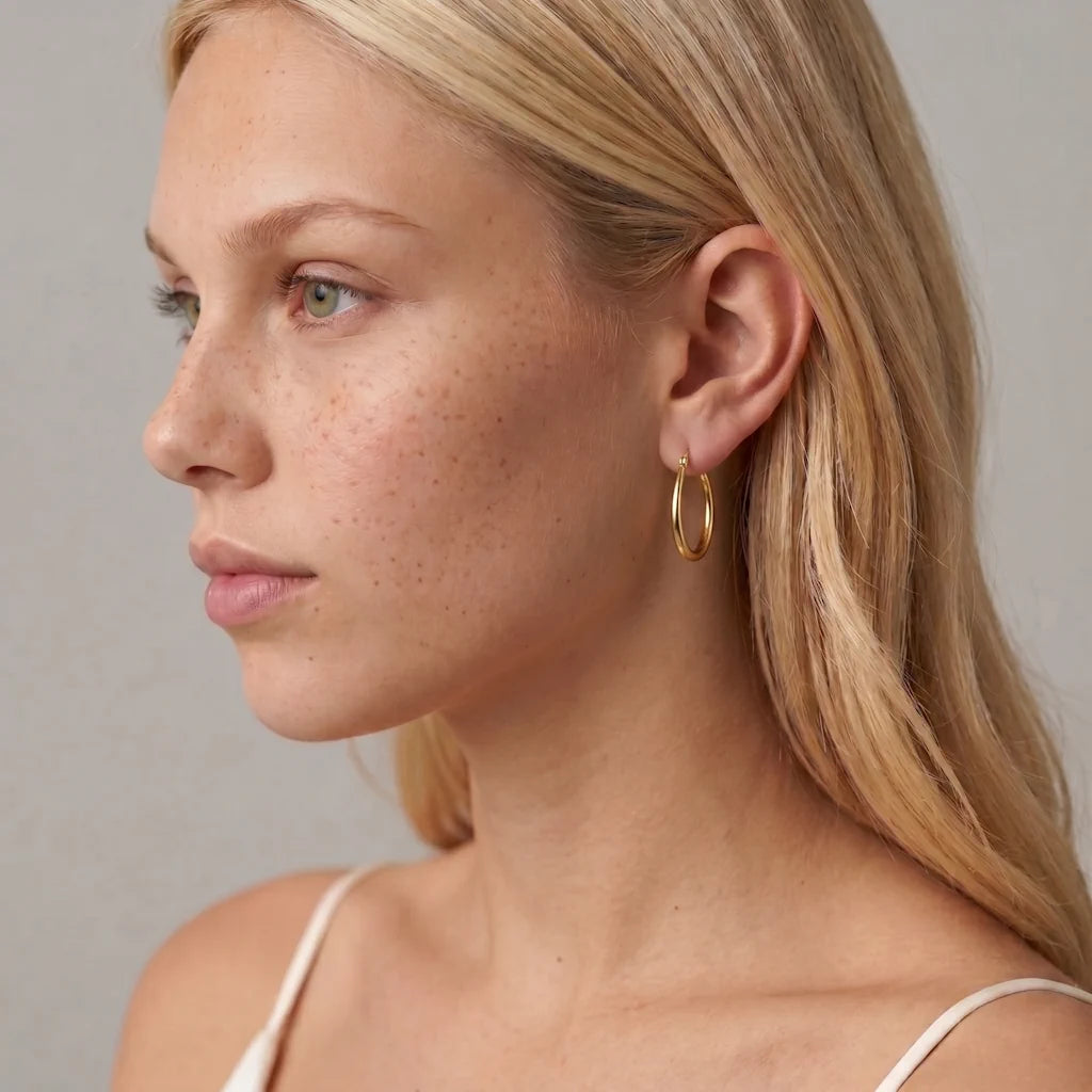 ANNA OVAL – Moderne goldene Tube Ohrringe im minimalistischen Design getragen am Ohr von René Rose Jewelry