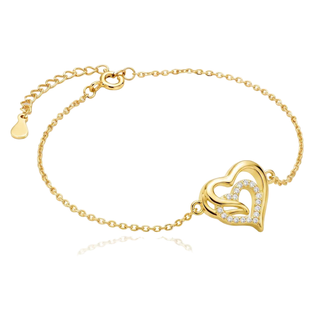 René Rose Jewelry AMORÉA vergoldetes Designer-Armband aus 925 Sterling Silber mit dreifachem Herz, funkelnden weißen Zirkonia, 14 Karat Gelbgold-Vergoldung