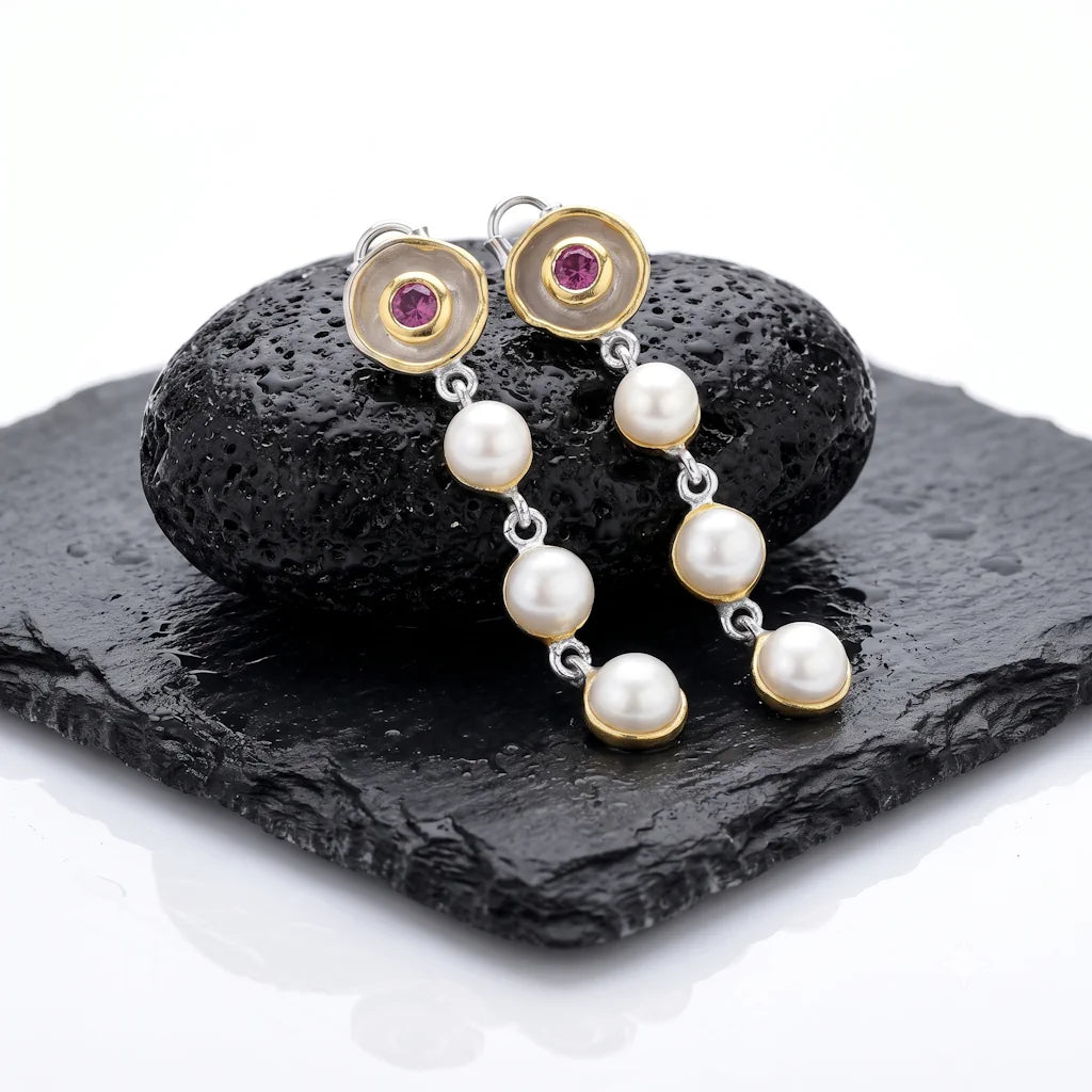 René Rose Jewelry AVELINE exklusive Designer-Ohrhänger aus 925 Sterling Silber mit 22K Gelbgold-Plattierung, Weißrhodium, Rhodolithen und echten Süßwasserperlen, stilvoll auf Lavastein und Schieferplatten präsentiert.