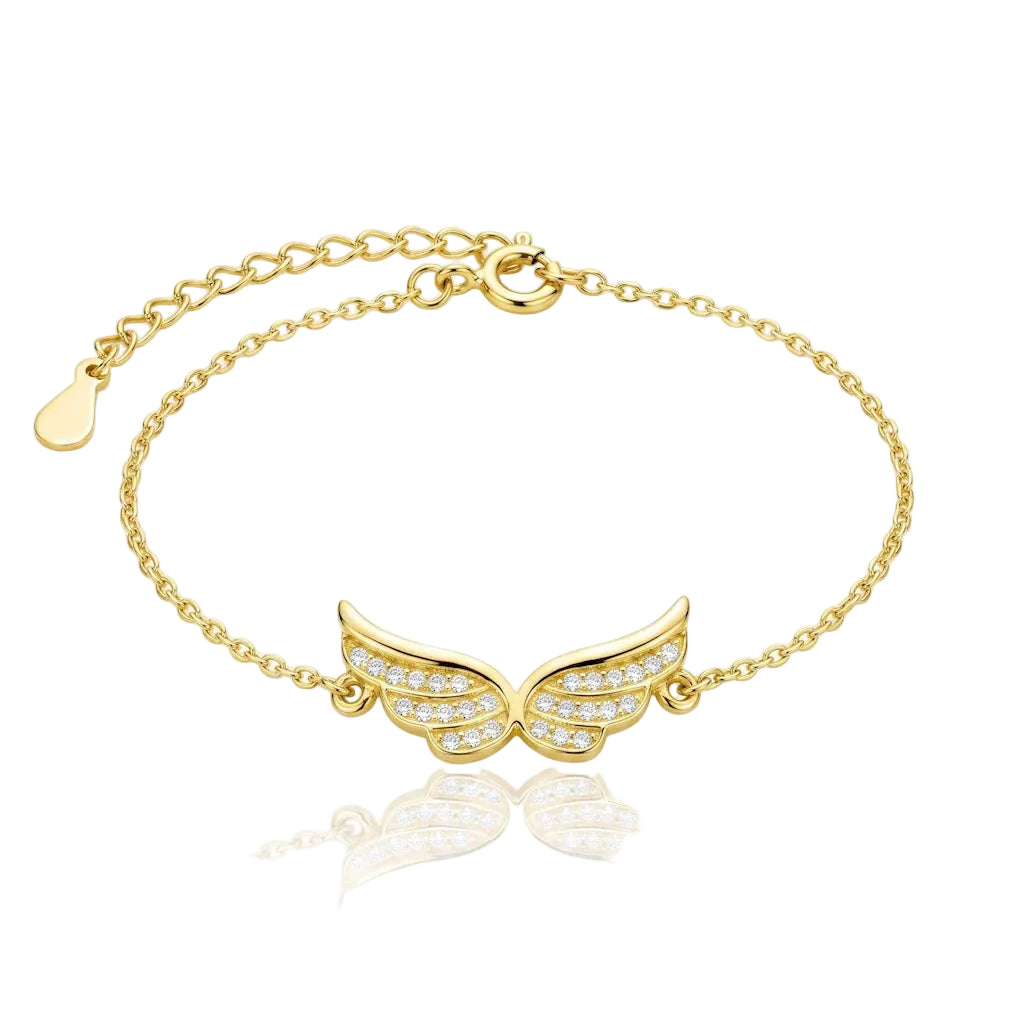 René Rose Jewelry CELESTIA Designer-Armband aus 925 Sterling Silber mit kunstvoll gestalteten Engelsflügeln, funkelnden weißen Zirkonia sowie hochwertiger 14 Karat Gelbgold- oder Roségold-Vergoldung.