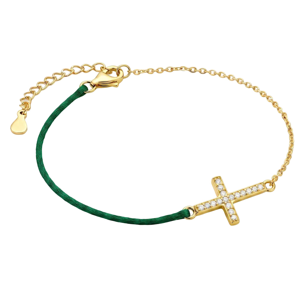 René Rose Jewelry SERAPHINE vergoldetes Designer-Armband aus 925 Sterling Silber mit Kreuz, Zirkonia & dunkelgrüner Kordel