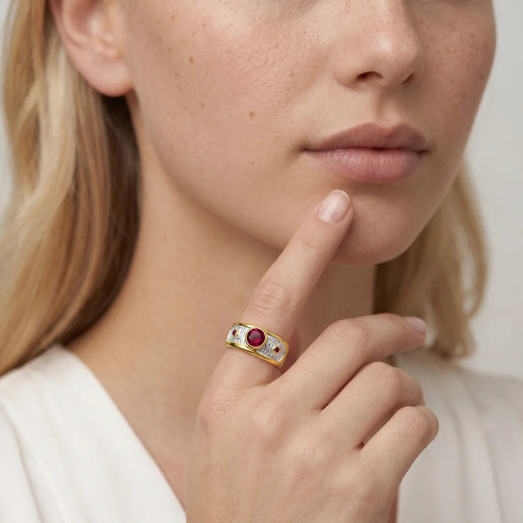 LIVIA GRANAT – Opulenter silberner Ring im organischen Borken Design mit schwerer Vergoldung getragen an der Hand von René Rose Jewelry