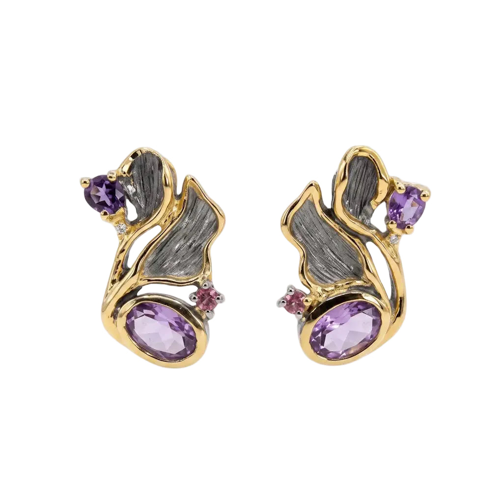René Rose Jewelry Luxus Ohrstecker aus 925 Sterling Silber mit Amethyst, 22 Karat Gelbgold-Vergoldung und schwarzer Rhodium-Veredelung