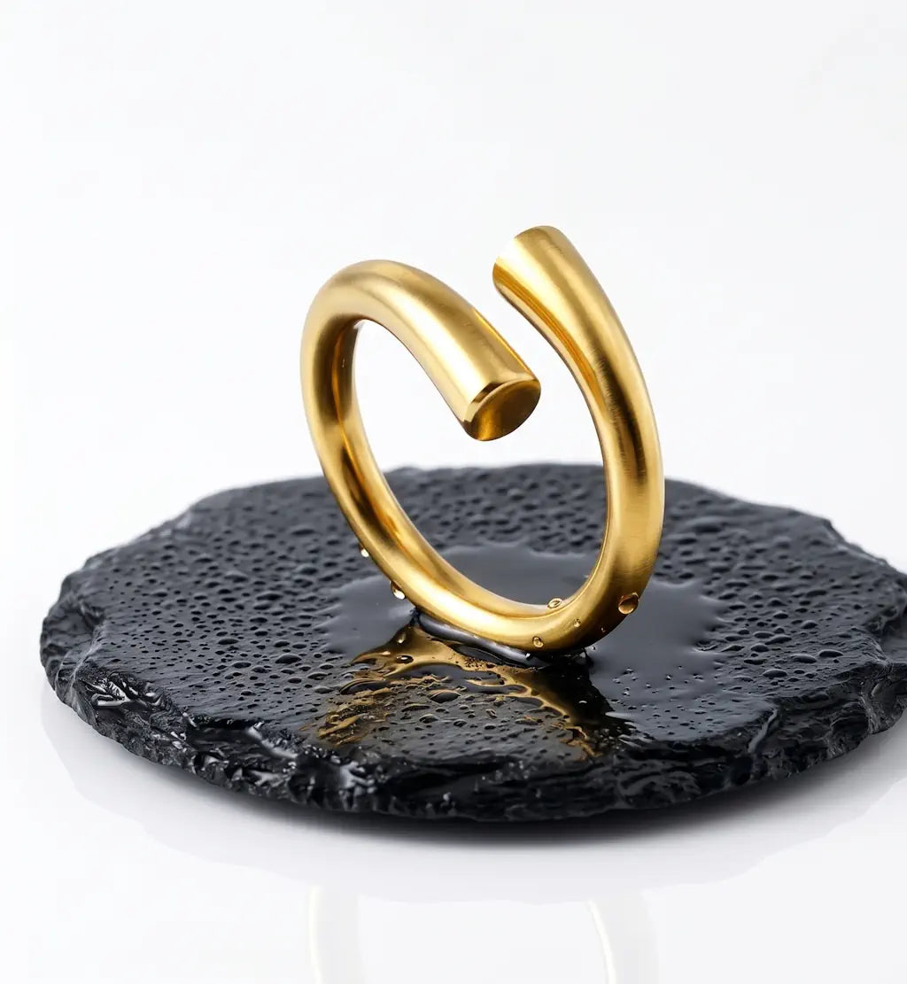 Rosalie – Klassischer moderner Ring aus wasserfestem 316L Edelstahl präsentiert auf dunkler Schieferplatte von René Rose Jewelry