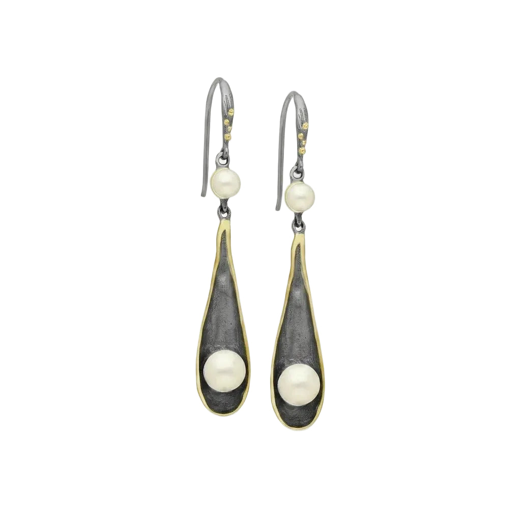REGINA TENEBRA – Lange Bicolor Statement Ohrhänger mit echten Perlen aus 925 Sterling Silber von René Rose Jewelry