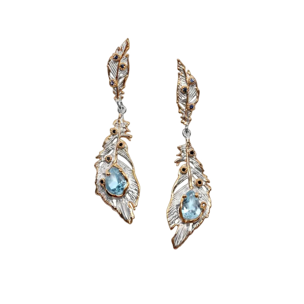 AURA FEATHER – Exklusive Bicolor Feder Ohrhänger mit blauem Topas und Saphir aus 925 Sterling Silber von René Rose Jewelry
