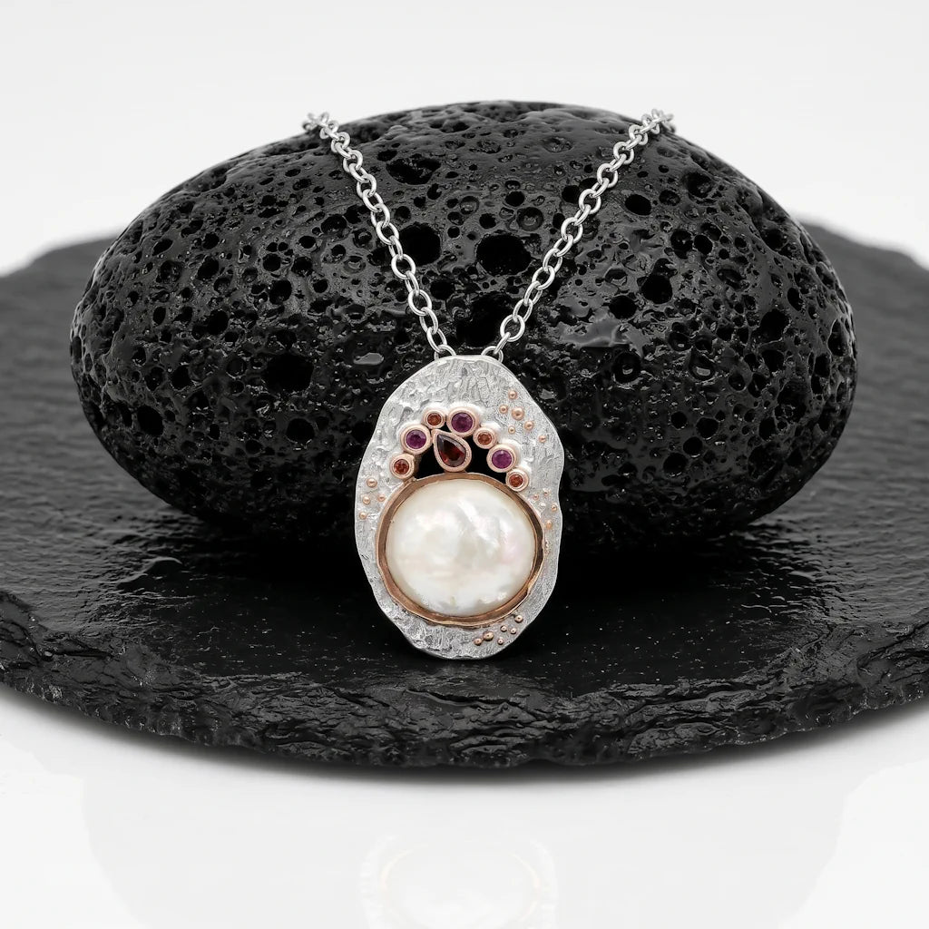 REGINA AMULET – Exklusives Medaillon Collier mit rotem Granat und Perlmutt aus 925 Sterling Silber präsentiert auf schwarzem Lavastein von René Rose Jewelry