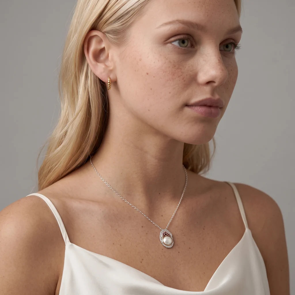 REGINA AMULET – Großes skulpturales Amulett im antiken Design mit echten Natursteinen getragen am Dekolleté von René Rose Jewelry