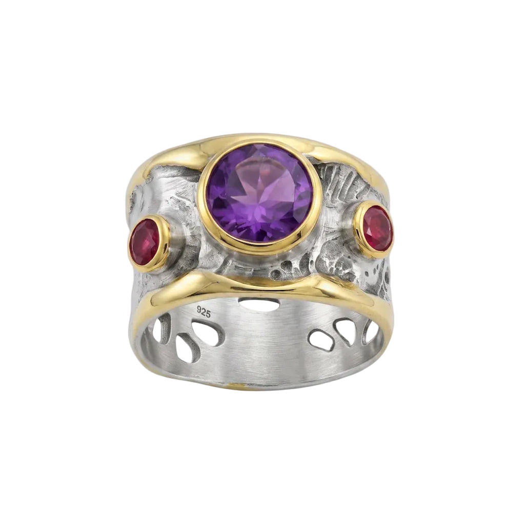 OANA IMPERIAL – Breiter Bicolor Statement Ring mit lila Amethyst und Rhodolith aus 925 Sterling Silber von René Rose Jewelry
