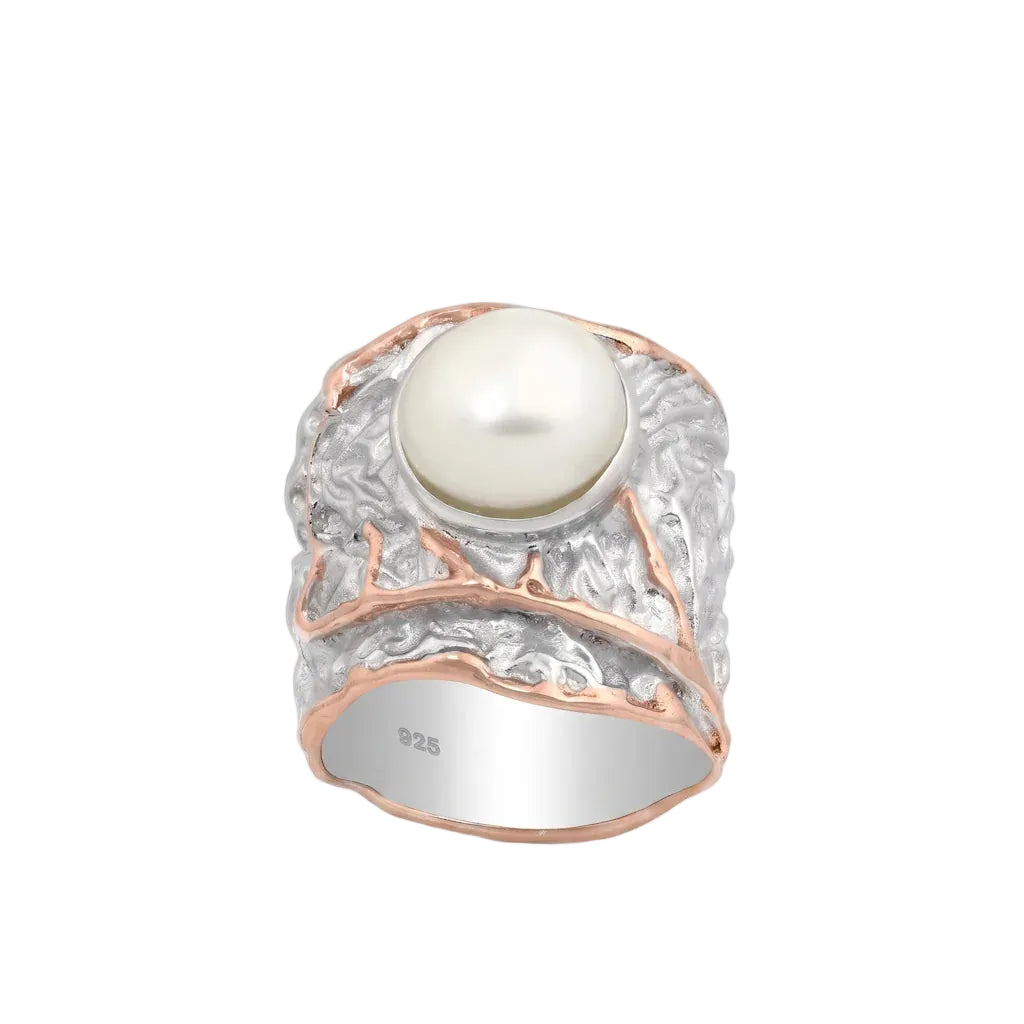 REGINA PERLA – Breiter Bicolor Statement Ring mit echter Perle aus 925 Sterling Silber von René Rose Jewelry