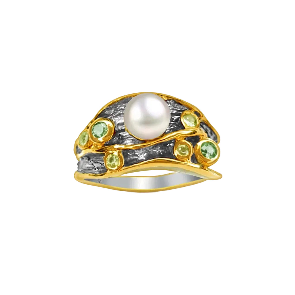 LIVIA BOUQUET – Breiter Bicolor Statement Ring mit Perle und grünem Saphir aus 925 Sterling Silber von René Rose Jewelry