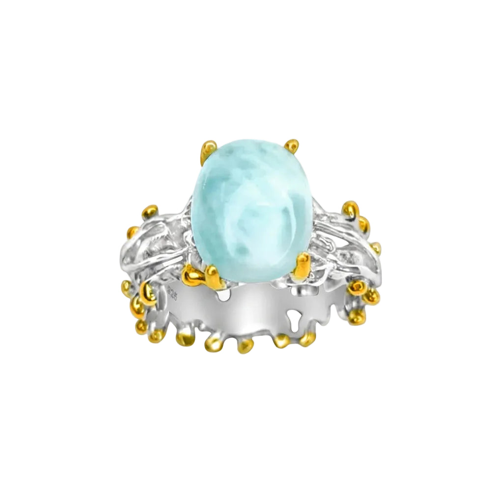 REEF LARIMAR – Breiter Bicolor Statement Ring mit blauem Larimar Edelstein aus 925 Sterling Silber von René Rose Jewelry