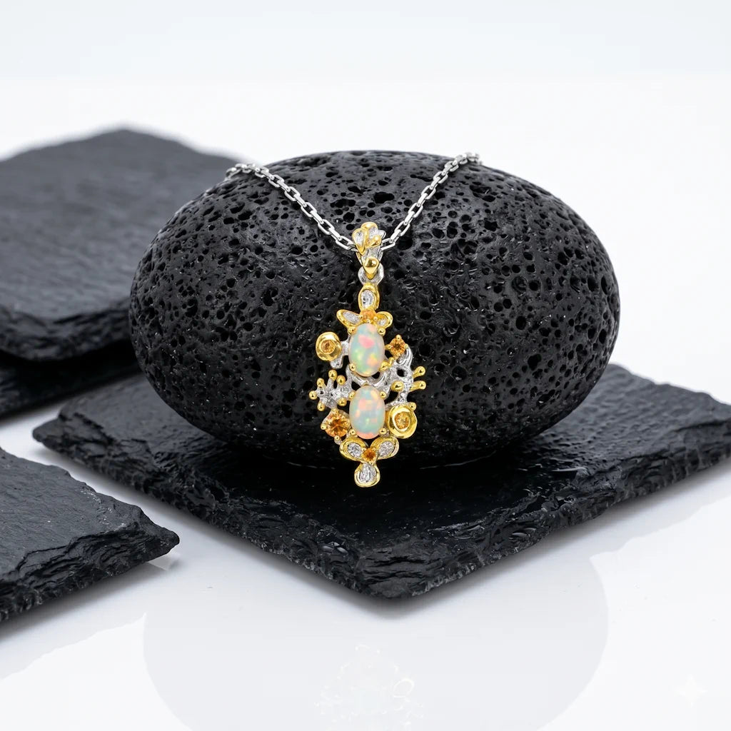 ASTRAL OPALINE – Exklusives Edelstein Collier mit echtem äthiopischen Opal aus 925 Sterling Silber präsentiert auf schwarzem Lavastein von René Rose Jewelry