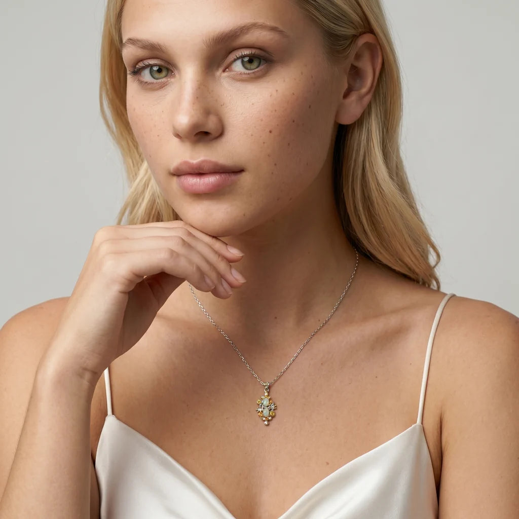 ASTRAL OPALINE – Goldene Kette mit echtem Opal im kosmischen Galaxie Design getragen am Dekolleté von René Rose Jewelry