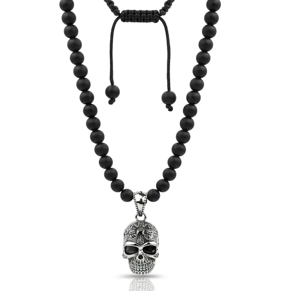 ALVARR SKULL – Exklusive Totenkopf Perlenkette aus 925 Sterling Silber mit schwarzen Zirkonia von René Rose Jewelry