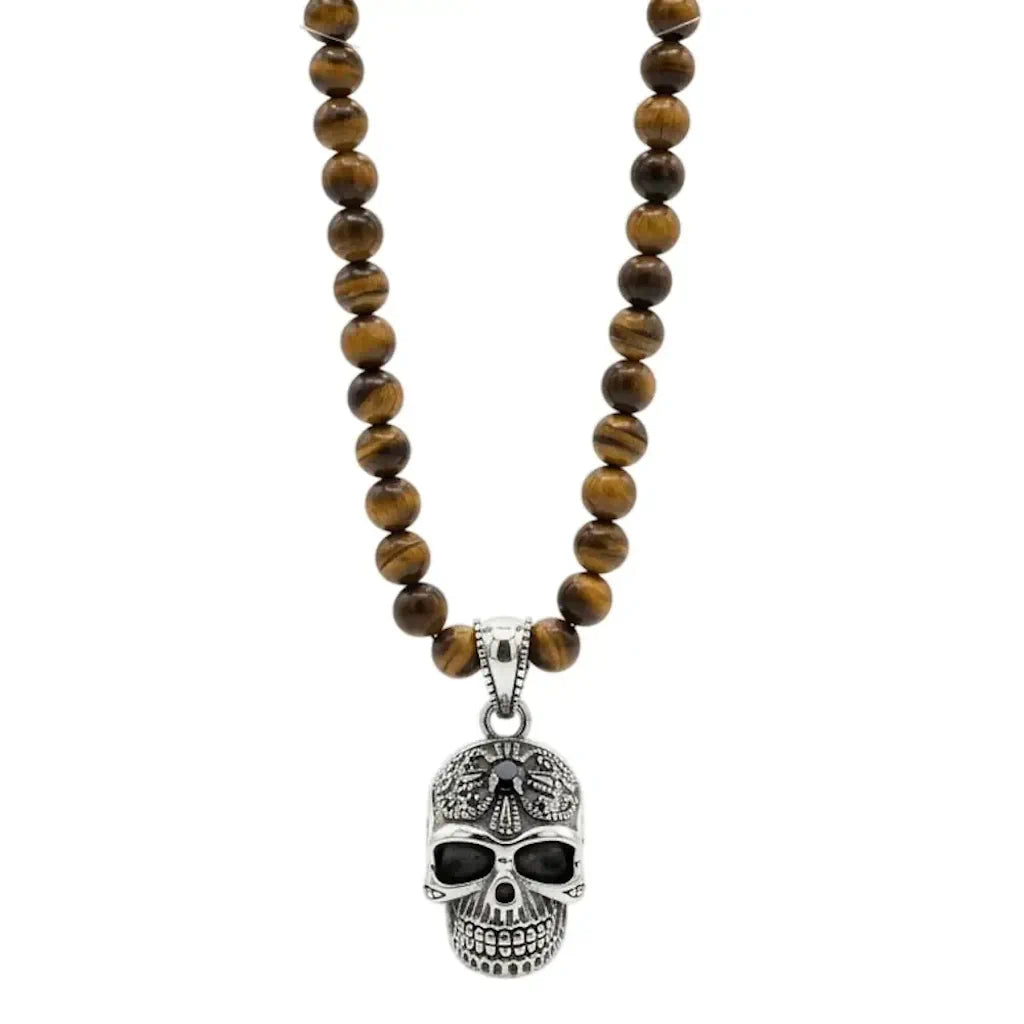 ALVARR SKULL – Exklusive Totenkopf Perlenkette aus 925 Sterling Silber mit schwarzen Zirkonia von René Rose Jewelry