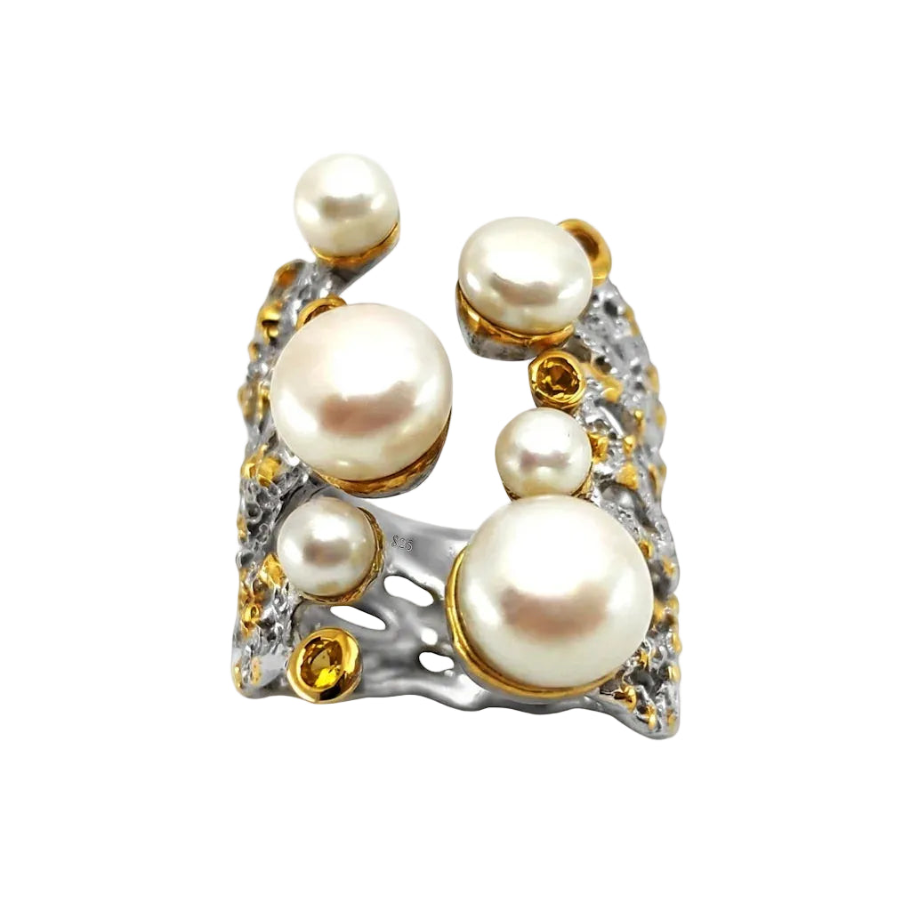 OANA PERLA – Breiter Bicolor Statement Ring mit Perle und gelbem Saphir aus 925 Sterling Silber von René Rose Jewelry