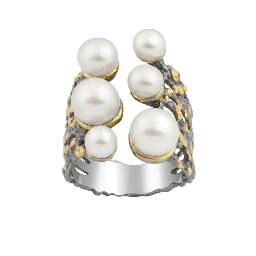 OANA TENEBRA – Breiter Bicolor Statement Ring mit echten Süßwasserperlen aus 925 Sterling Silber von René Rose Jewelry