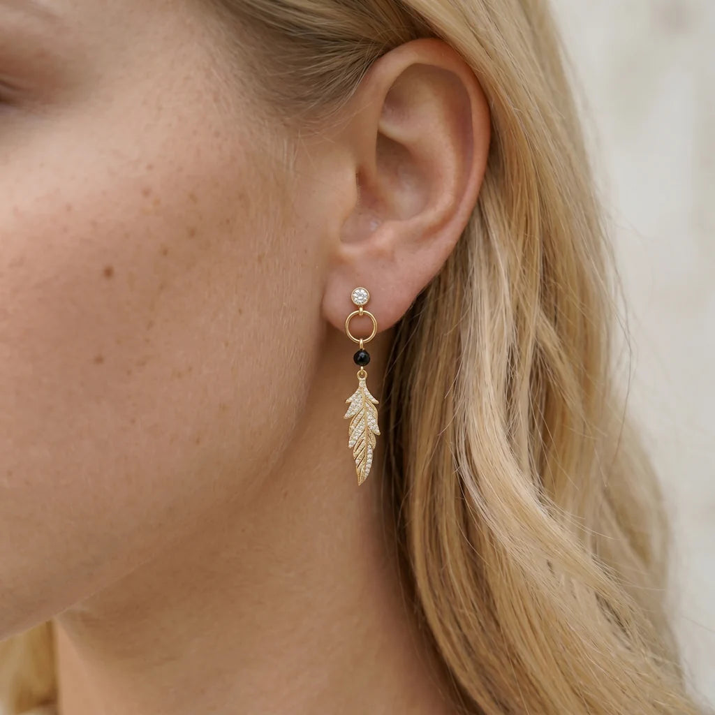 PIUMA BLACK AURA – Elegante goldene Drop Ohrringe im edlen Kontrast Design getragen am Ohr von René Rose Jewelry