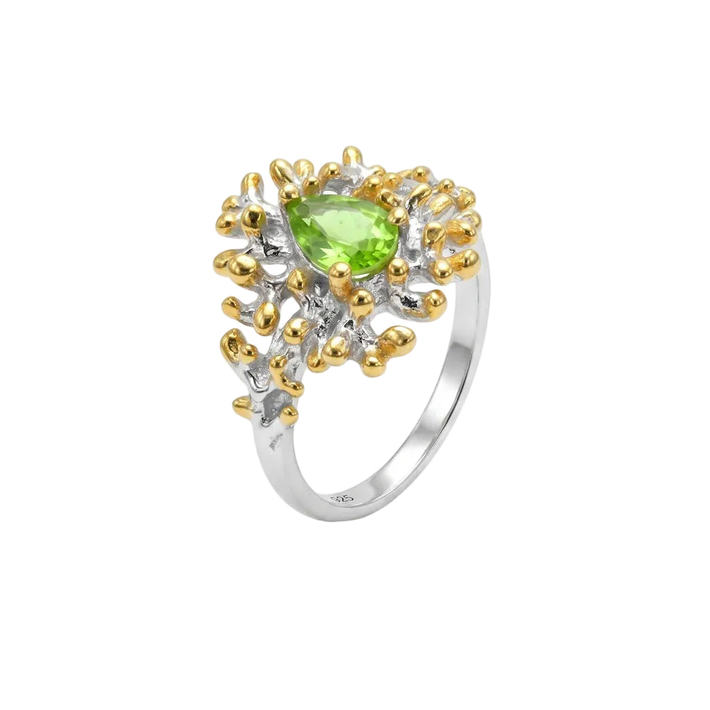 LIVIA REEF – Breiter Bicolor Statement Ring mit grünem Peridot Edelstein aus 925 Sterling Silber von René Rose Jewelry