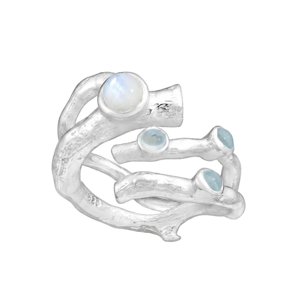 SUNNIVA ARKTIS – Breiter Statement Ring mit Regenbogenmondstein und blauem Topas aus 925 Sterling Silber von René Rose Jewelry
