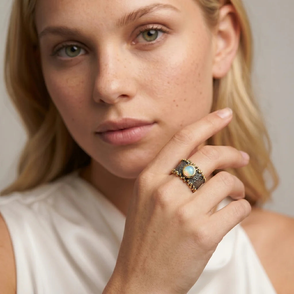 ISHANI GALAXY – Goldener Ring mit echtem Opal und intensivem Farbspiel getragen an der Hand von René Rose Jewelry