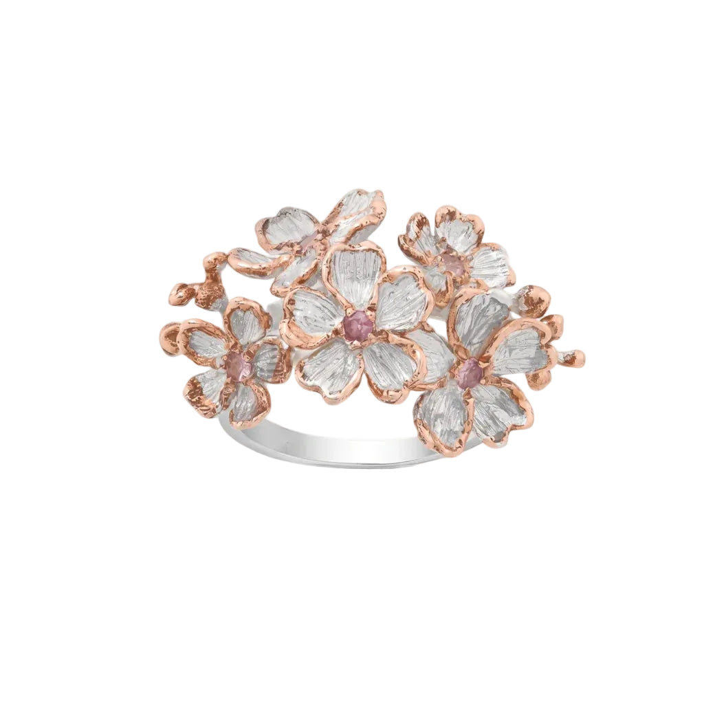 MINA BLOSSOM – Breiter Blumen Ring mit rosa Saphir Edelstein aus 925 Sterling Silber von René Rose Jewelry