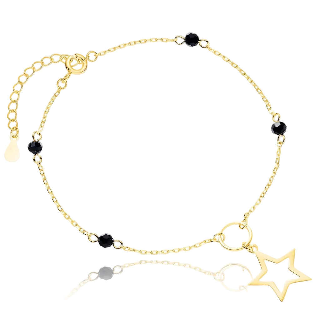 René Rose Jewelry 14K vergoldetes 925 Sterling Silber Armband mit Stern und schwarzen Spinellen auf weißem Hintergrund