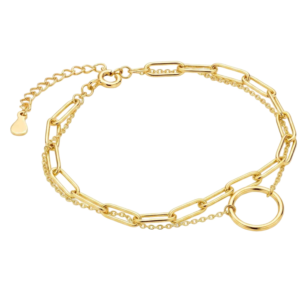 René Rose Jewelry AURELIA vergoldetes Designer-Armband aus 925 Sterling Silber mit doppelreihiger Gliederkette, Kreis-Element und hochwertiger 14 Karat Gelbgold-Vergoldung