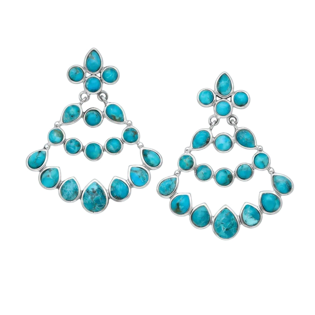René Rose Jewelry AZURA luxuriöse Designer-Ohrstecker aus 925 Sterling Silber mit rekonstruiertem Türkis in filigraner Ornamentstruktur und elegantem Steckverschluss.