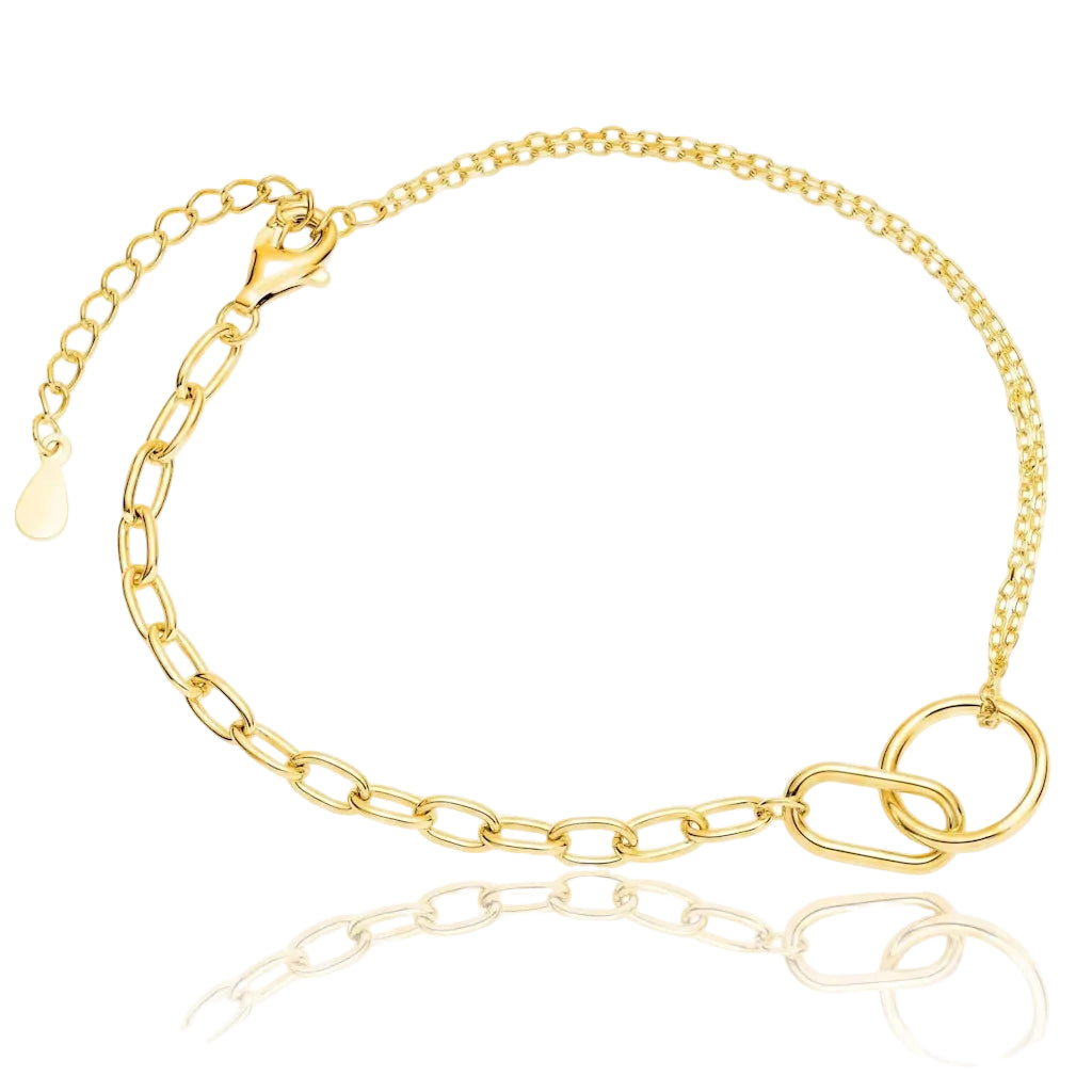 René Rose Jewelry ÉLIANE vergoldetes Designer-Armband aus 925 Sterling Silber mit Kreis, Oval, doppelreihiger Gliederkette, filigraner Ankerkette und hochwertiger 14 Karat Gelbgold-Vergoldung.