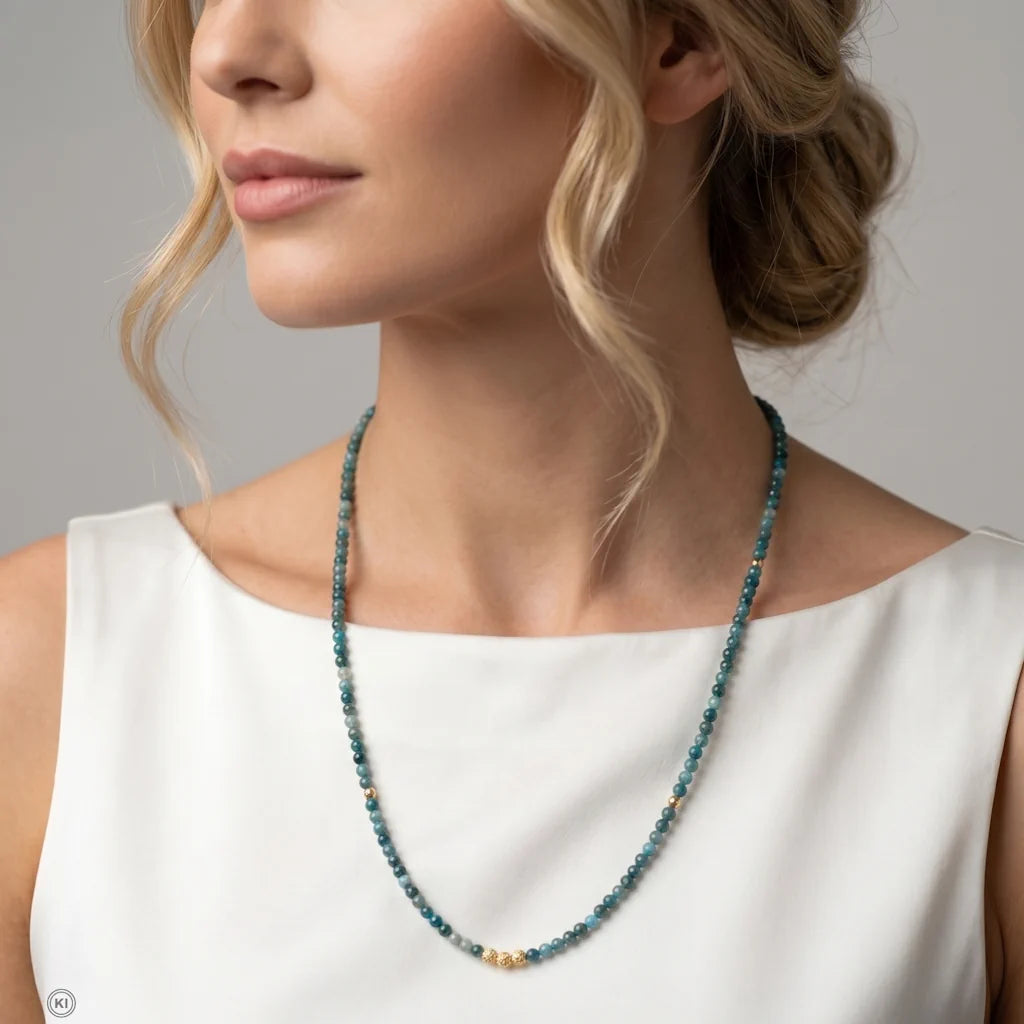René Rose Jewelry Luxus Halskette aus 925 Sterling Silber mit Apatit und Amazonit, 18K Gelbgold-Vergoldung, am Model getragen