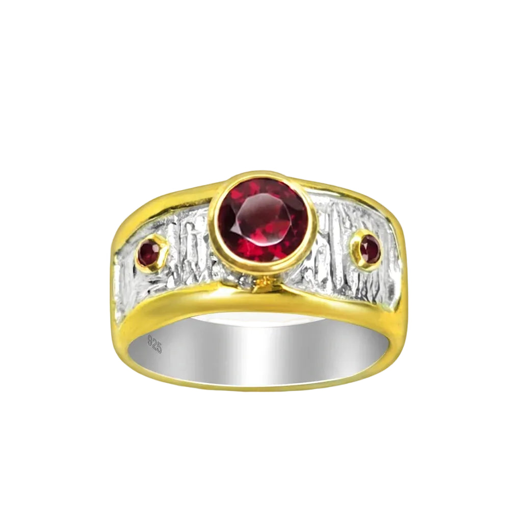 LIVIA GRANAT – Breiter Bicolor Statement Ring mit rotem Granat Edelstein aus 925 Sterling Silber von René Rose Jewelry