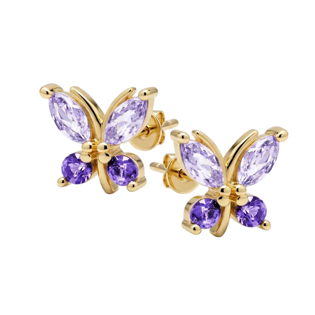 FARFALLA VIOLA – Elegante Schmetterling Ohrringe mit lila Kristallen aus 14k vergoldetem 925 Sterling Silber von René Rose Jewelry